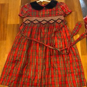 Smocked Silk Blend Navy Velvet Collar Dress